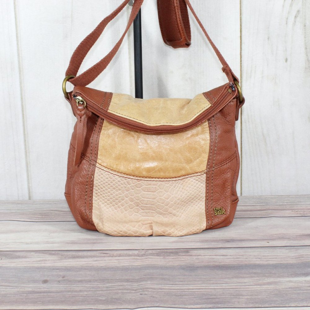 The Sak Brown Colorblock Snakeskin Leather Slouch Boho Crossbody Shoulder Bag - Picture 2 of 12
